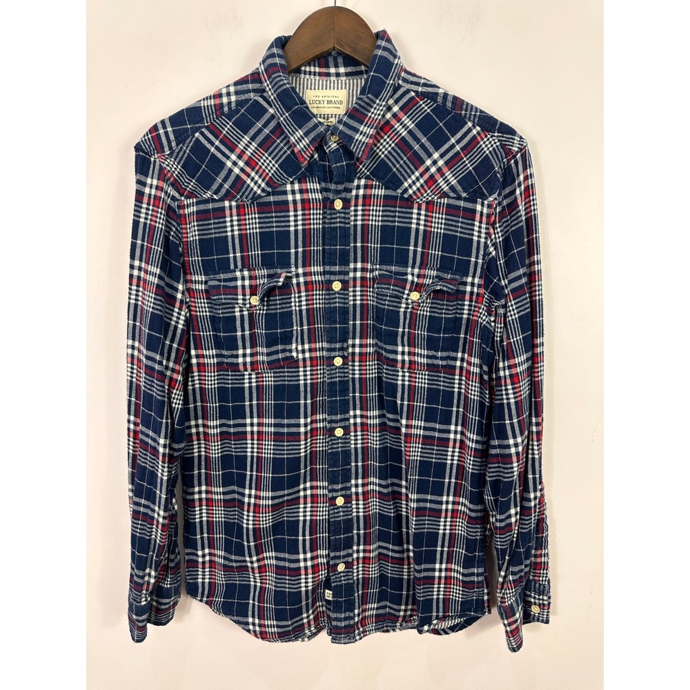 Lucky Brand Western Shirt Mens Medium Blue Red Plaid Flannel Long Sleeve